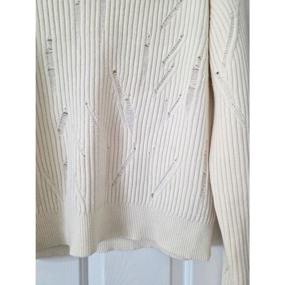 HELMUT LANG V-Neck Drop-Needle Wool Sweater Cream Distressed L - Picture 2 of 10